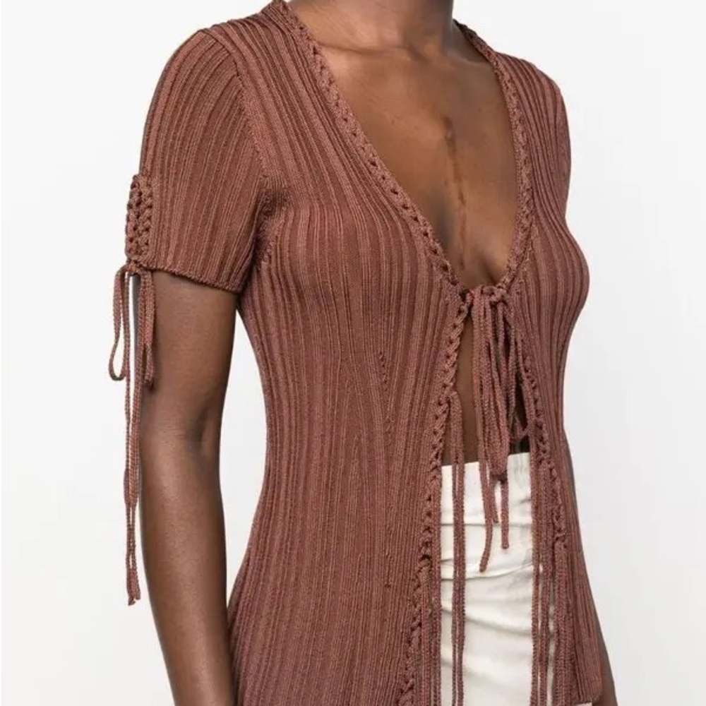 Cult Gaia Chocolate Ribbed Tie-Front Crop Top - Picture 2 of 5